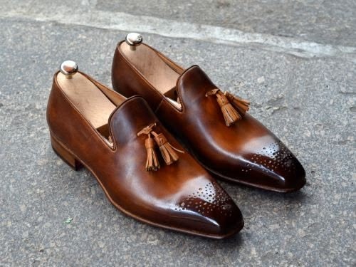 Bespoke Brown Leather Moccasin With Tassel Formal Office Wear Dress Shoes