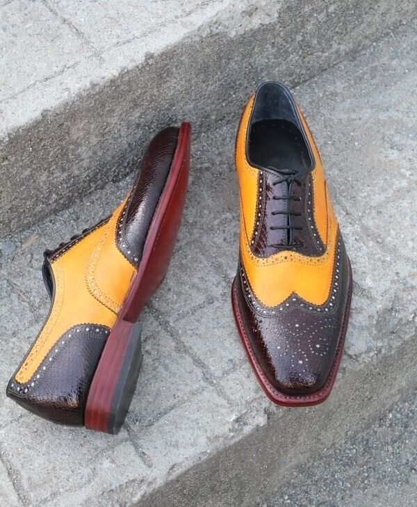 Bespoke Men's Handmade Two Tone Leather Oxford Wingtip Brogue Lace Up Shoes Men