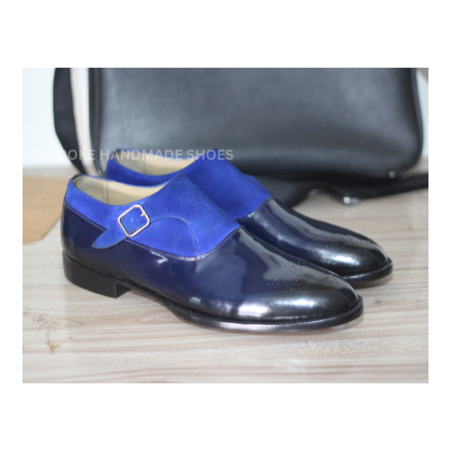 New Men's Handcrafted Black Leather, Blue Suede Oxford Whole-Cut Side Buckle Brogue Dress Casual Wear Shoes Men