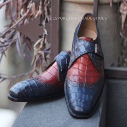 New Men's Handmade Two Tone Crocodile Leather Texture Side Buckle Loafer Dress Formal Wear Shoes Men