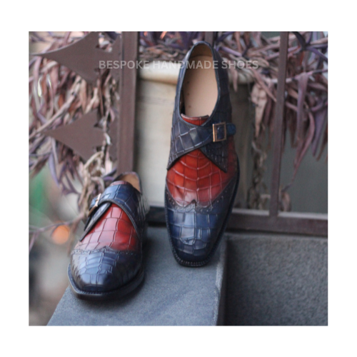 New Men's Handmade Two Tone Crocodile Leather Texture Side Buckle Loafer Dress Formal Wear Shoes Men