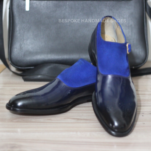 New Men's Handcrafted Black Leather, Blue Suede Oxford Whole-Cut Side Buckle Brogue Dress Casual Wear Shoes Men