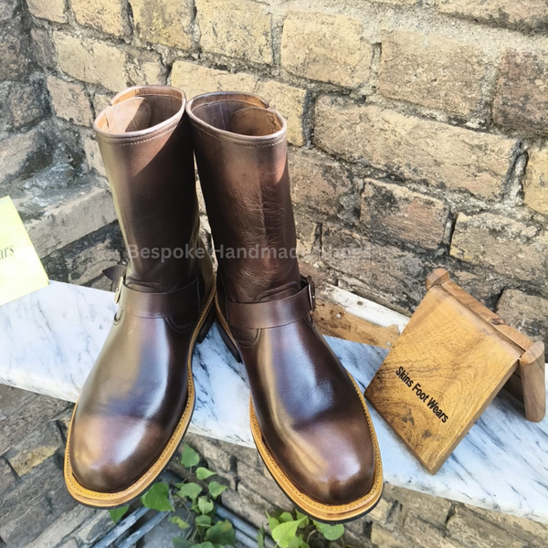 Custom Made New Men's Chocolate Brown Leather Single Side Buckle High Ankle Dress Formal Boots Men