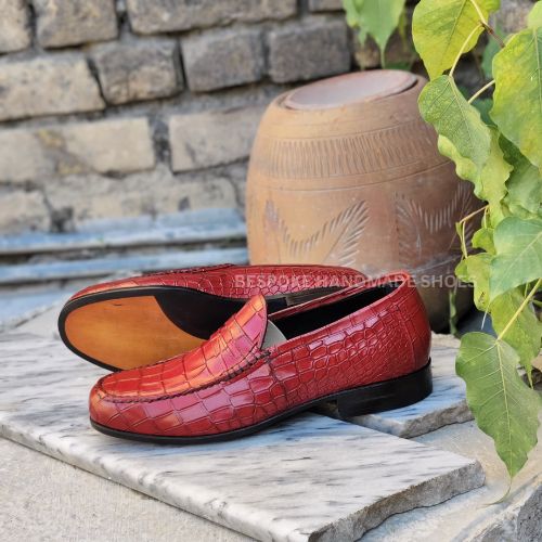 Ready To Ship Men's Red Alligator Leather Print Slip On Moccasin Loafer Dress Casual Wear Shoes Men's