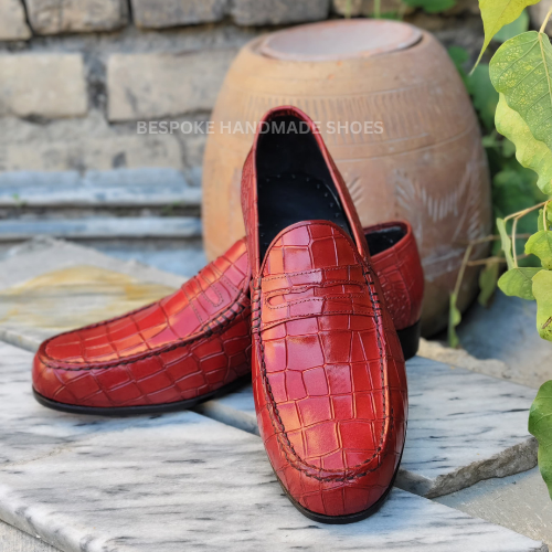 Ready To Ship Men's Red Alligator Leather Print Slip On Moccasin Loafer Dress Casual Wear Shoes Men's
