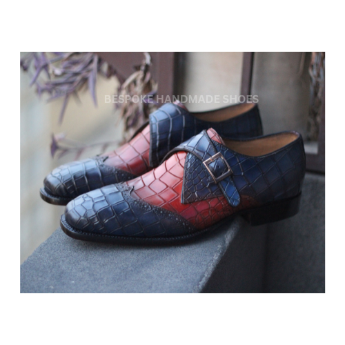 New Men's Handmade Two Tone Crocodile Leather Texture Side Buckle Loafer Dress Formal Wear Shoes Men