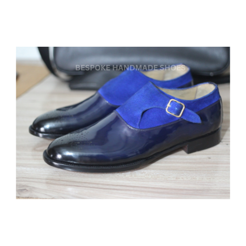 New Men's Handcrafted Black Leather, Blue Suede Oxford Whole-Cut Side Buckle Brogue Dress Casual Wear Shoes Men