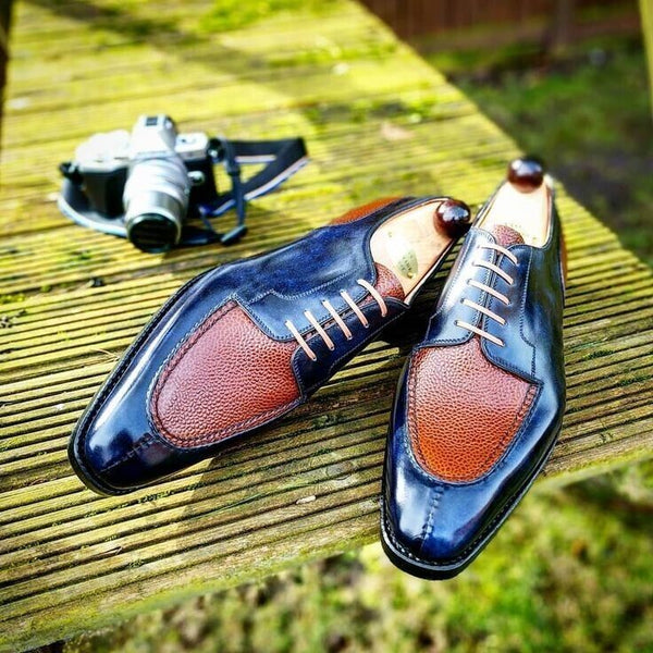 Bespoke Handcrafted two tone Leather Blue and brown Derby Dress lace up Shoes