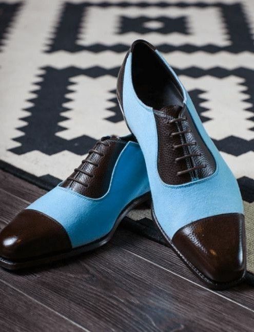 Bespoke Men's Blue Suede Chocolate Brown Leather Oxford Cap-Toe Lace Up Shoe Men