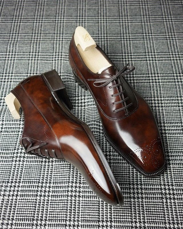 New Handcrafted Dark Brown Shaded Leather Oxford Whole-Cut Brogue Lace Up Shoes