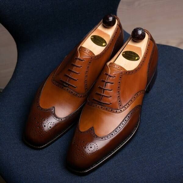 Bespoke Handcrafted Men's Two Tone Leather Oxford Wingtip Lace Up Formal Casual Shoe Men