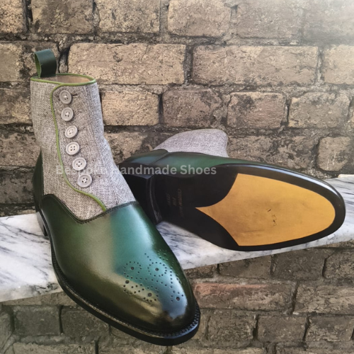 Handmade New Men's Green Leather, Gray Suede Oxford Brogue High Ankle Side Button Dress Boots Men