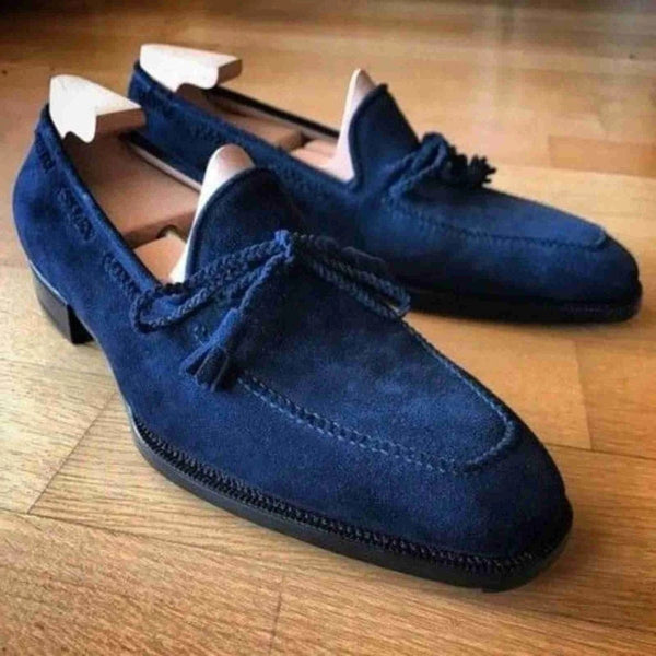 Bespoke Handmade Men Blue Suede Leather Tassel Loafers Men Slip On Formal Dress Shoe