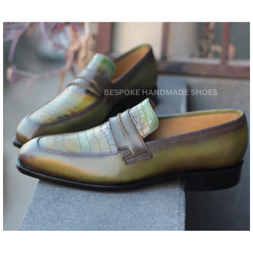 Bespoke Men's Handmade Green Crocodile Leather Texture Loafer Slip On Moccasin Casual Wear Shoes Men