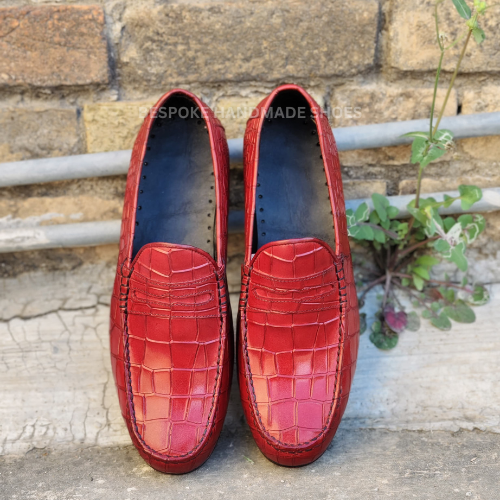 Ready To Ship Men's Red Alligator Leather Print Slip On Moccasin Loafer Dress Casual Wear Shoes Men's