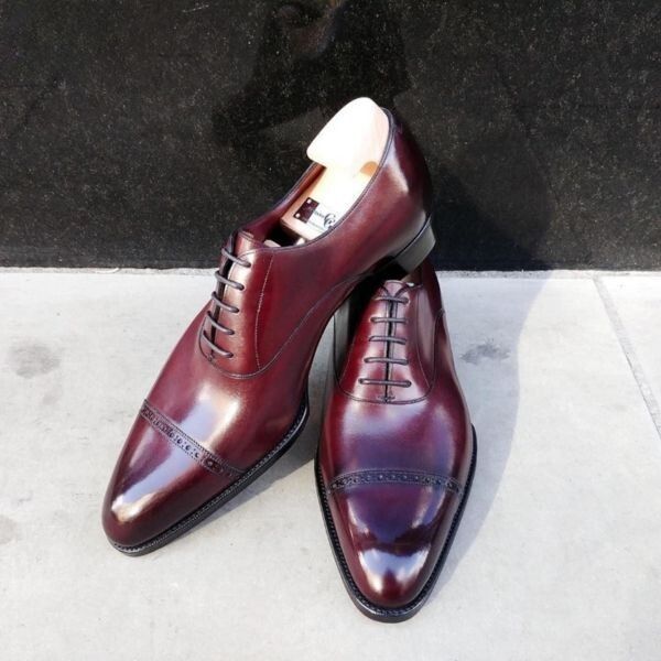 Bespoke Tailor Made Men's Burgundy Color Leather Oxford Cap-Toe Lace Up Dress Shoes Men
