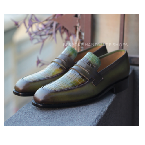 Bespoke Men's Handmade Green Crocodile Leather Texture Loafer Slip On Moccasin Casual Wear Shoes Men