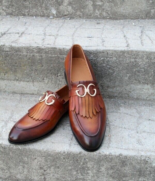 Bespoke Leather Handmade Men Brown Fringes Loafers Dress Shoes For Function Shoes