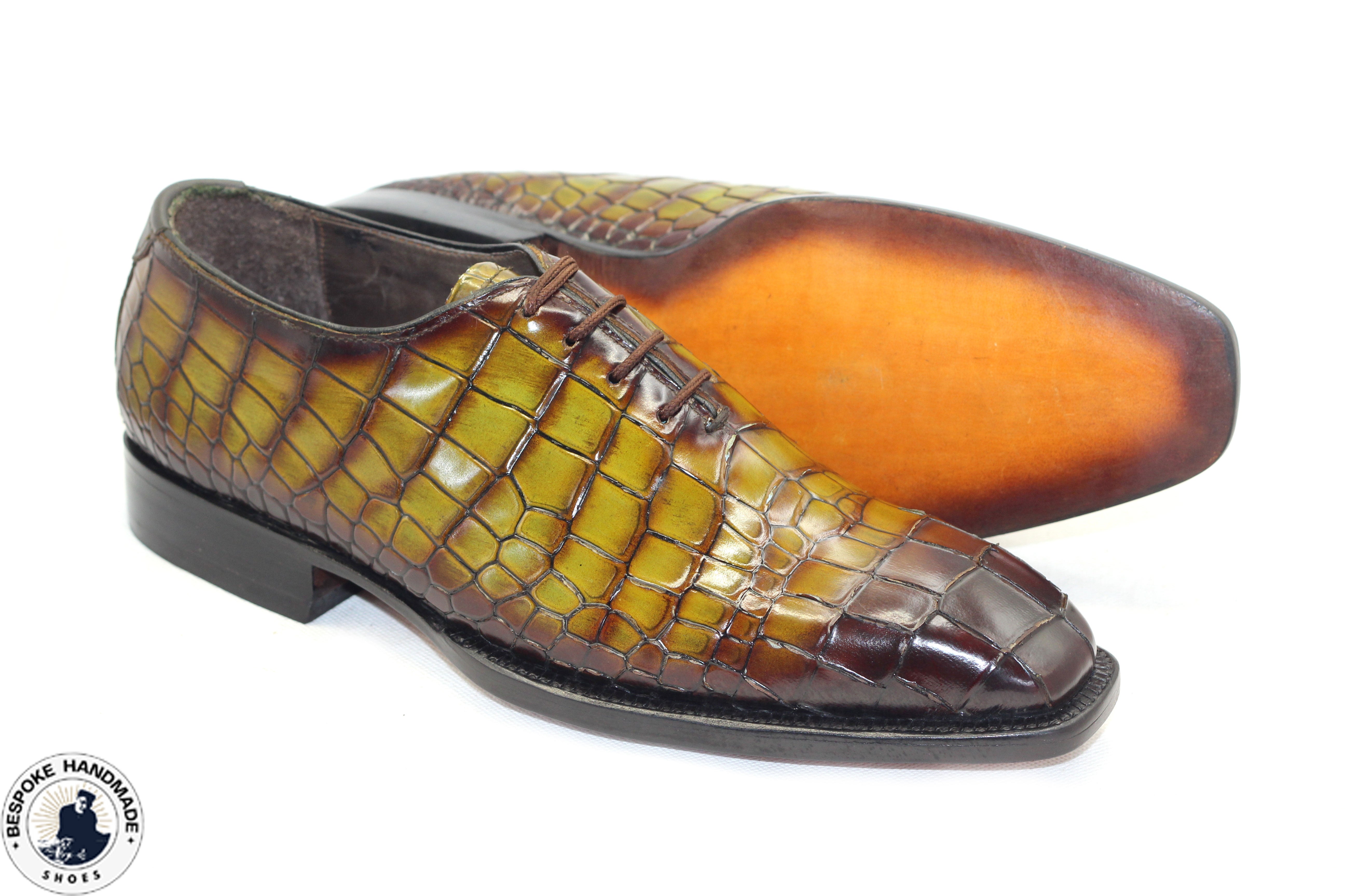Tailor Made Handmade Business Shoe, Light Green Crocodile Print Leather Brown Shaded Lace Up Whole-cut Shoes