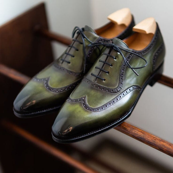 Bespoke New Handmade Men's Dark Green Leather Oxford and Brogue Dress Shoes for Party