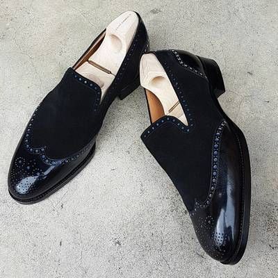 Bespoke Men's Black Suede Leather Wingtip Brogue Slip On Formal Dress Shoes