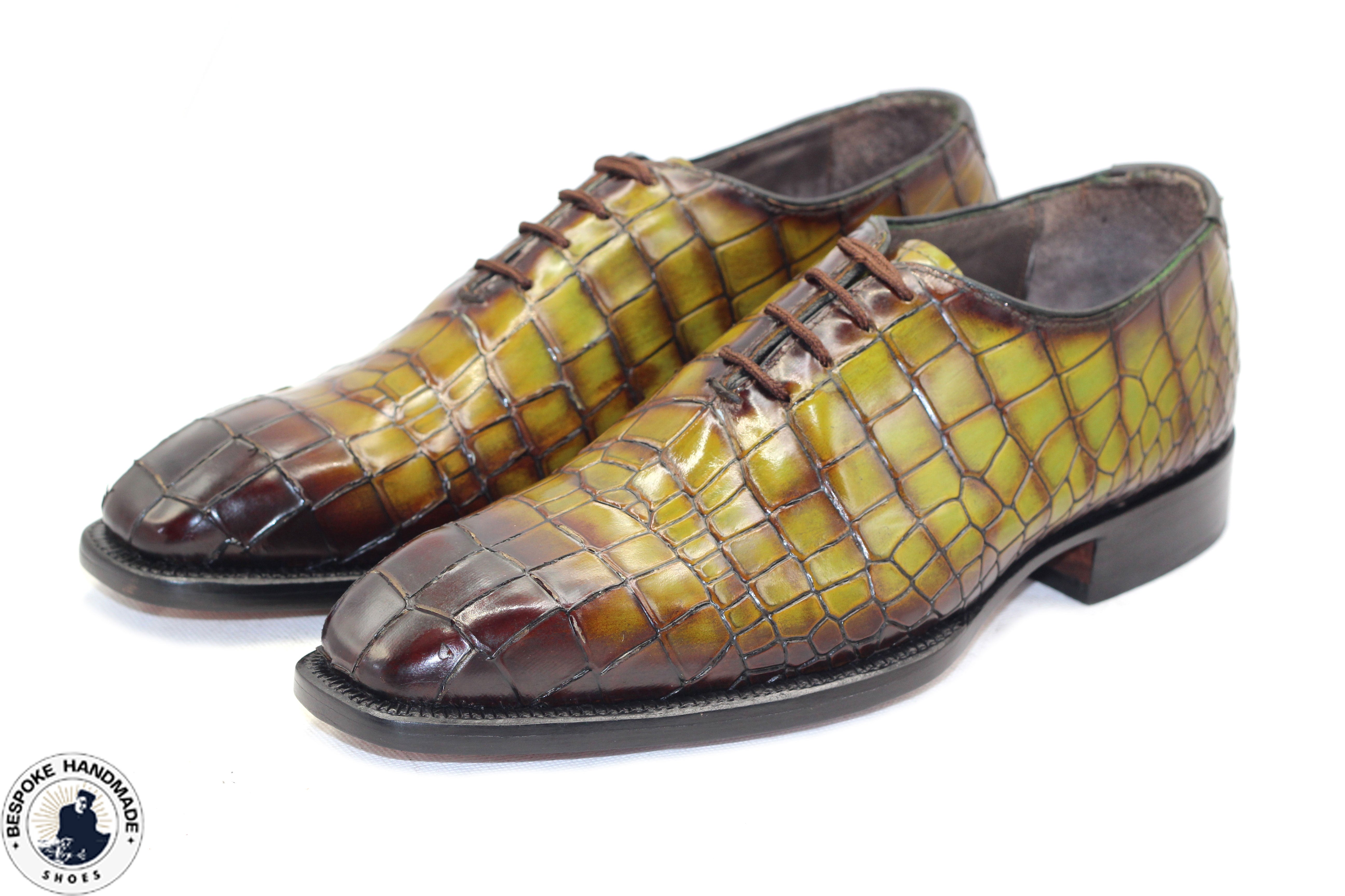 Tailor Made Handmade Business Shoe, Light Green Crocodile Print Leather Brown Shaded Lace Up Whole-cut Shoes