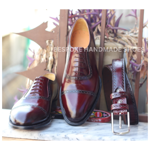 Custom Made Formal Shoes, Pure Shiny Burgundy Leather Lace up Cap-Toe Dress Shoe