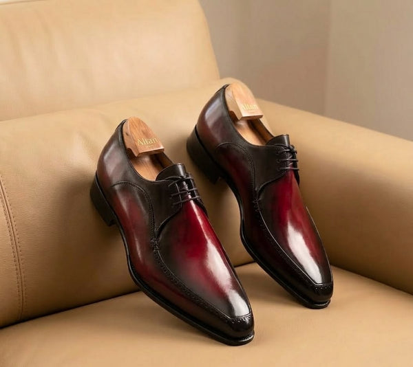 Bespoke Handmade Burgundy Oxford Leather Lace Up Formal Wedding Shoes For Men's