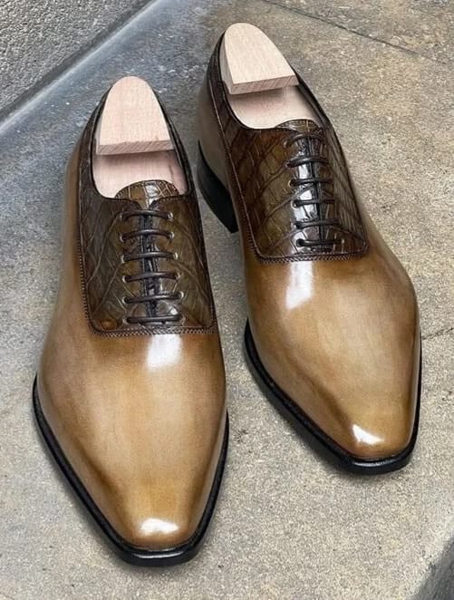 Bespoke Men's Handmade Real Leather Oxford Lace Up Bespoke Handmade Men's Patina Beige Leather Oxford Lace Up Fashion Dress Shoes