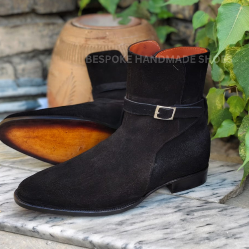 Bespoke Men's Handmade Black Color Suede Single Monk Strap High Ankle Dress, Party Wear Shoes Men