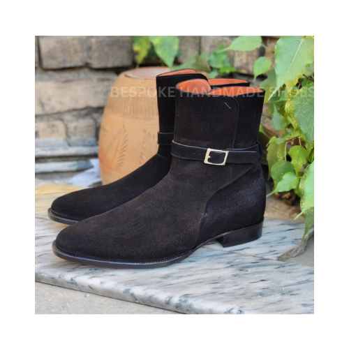 Bespoke Men's Handmade Black Color Suede Single Monk Strap High Ankle Dress, Party Wear Shoes Men