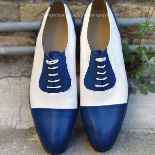 Ready To Ship Bespoke Men's Handmade White, Blue Spectators Leather Oxford Lace Up Toe-Cap Lace Up Dress Shoes
