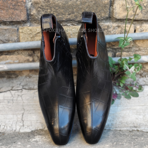 Ready To Ship Premium Quality Men's Black Crocodile Leather Print Side Zipper High Ankle Dress Casual Wear Boots Men