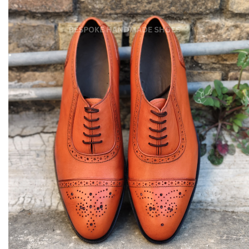 Ready To Ship Custom Made Men's Orange Color Leather Oxford Cap-Toe Brogue Lace Up Formal Wear Dress Shoes Men