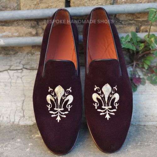 Ready To Ship Men's Handcrafted Red Velvet Embroidery Slip On Moccasin Dress Formal Wear Shoes Men