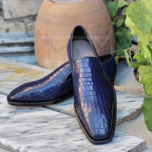 Ready To Ship New Men's Blue Crocodile Leather Print Slip On Moccasin Loafer Style Casual Wear Dress Shoes