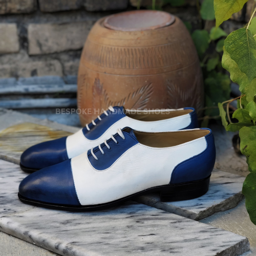 Ready To Ship Bespoke Men's Handmade White, Blue Spectators Leather Oxford Lace Up Toe-Cap Lace Up Dress Shoes