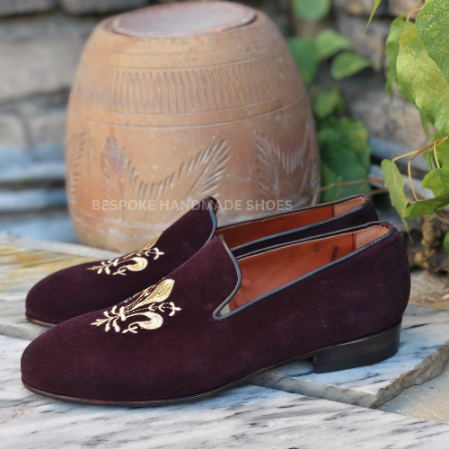 Ready To Ship Men's Handcrafted Red Velvet Embroidery Slip On Moccasin Dress Formal Wear Shoes Men
