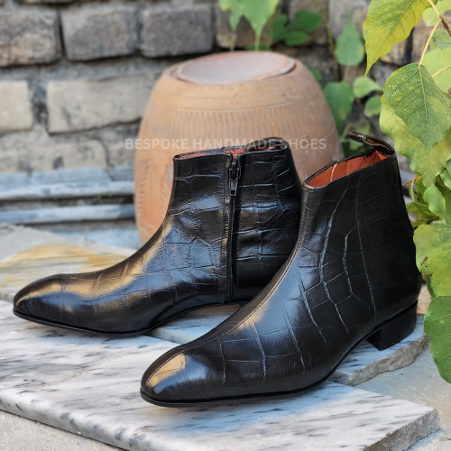 Ready To Ship Premium Quality Men's Black Crocodile Leather Print Side Zipper High Ankle Dress Casual Wear Boots Men