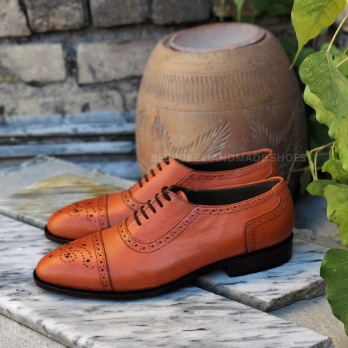 Ready To Ship Custom Made Men's Orange Color Leather Oxford Cap-Toe Brogue Lace Up Formal Wear Dress Shoes Men