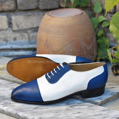 Ready To Ship Bespoke Men's Handmade White, Blue Spectators Leather Oxford Lace Up Toe-Cap Lace Up Dress Shoes
