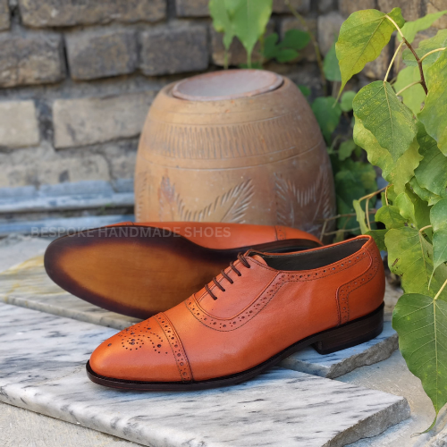 Ready To Ship Custom Made Men's Orange Color Leather Oxford Cap-Toe Brogue Lace Up Formal Wear Dress Shoes Men