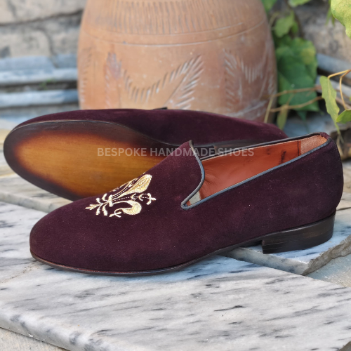 Ready To Ship Men's Handcrafted Red Velvet Embroidery Slip On Moccasin Dress Formal Wear Shoes Men