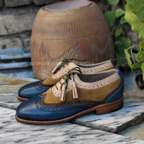 Ready To Ship Women's Three Tone Leather Oxford Wingtip Brogue Tassels Lace Up Dress Formal Wear Shoes Men