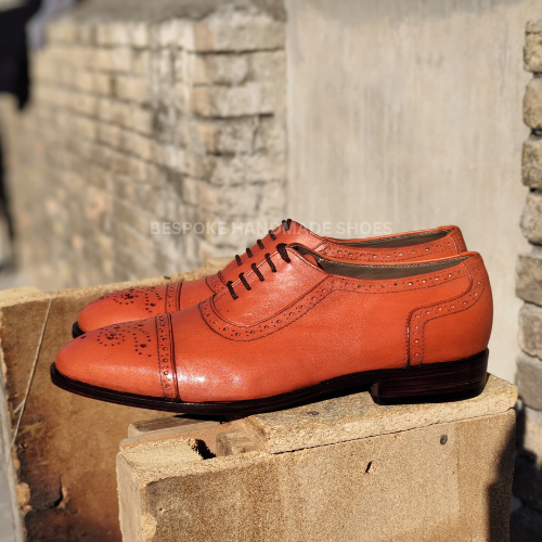 Ready To Ship Custom Made Men's Orange Color Leather Oxford Cap-Toe Brogue Lace Up Formal Wear Dress Shoes Men
