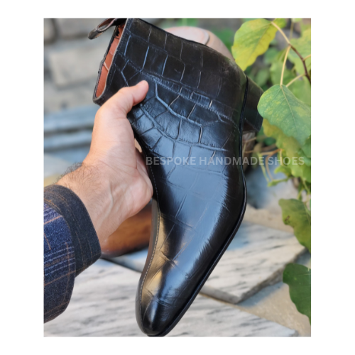 Ready To Ship Premium Quality Men's Black Crocodile Leather Print Side Zipper High Ankle Dress Casual Wear Boots Men