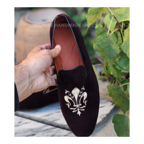 Ready To Ship Men's Handcrafted Red Velvet Embroidery Slip On Moccasin Dress Formal Wear Shoes Men