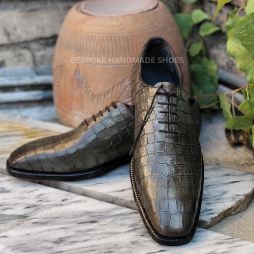 Ready To Ship Tailor Made Men's Green Crocodile Color Leather Texture Lace Up Whole Cut Dress Casual Wear Shoes Men's