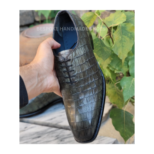 Ready To Ship Tailor Made Men's Green Crocodile Color Leather Texture Lace Up Whole Cut Dress Casual Wear Shoes Men's
