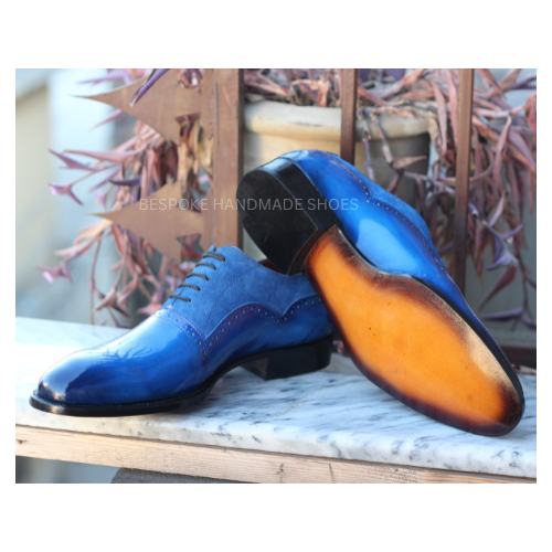Bespoke Men's Handmade Blue, Leather And Suede Oxford Lace Up Dress Shoes For Party and Wedding